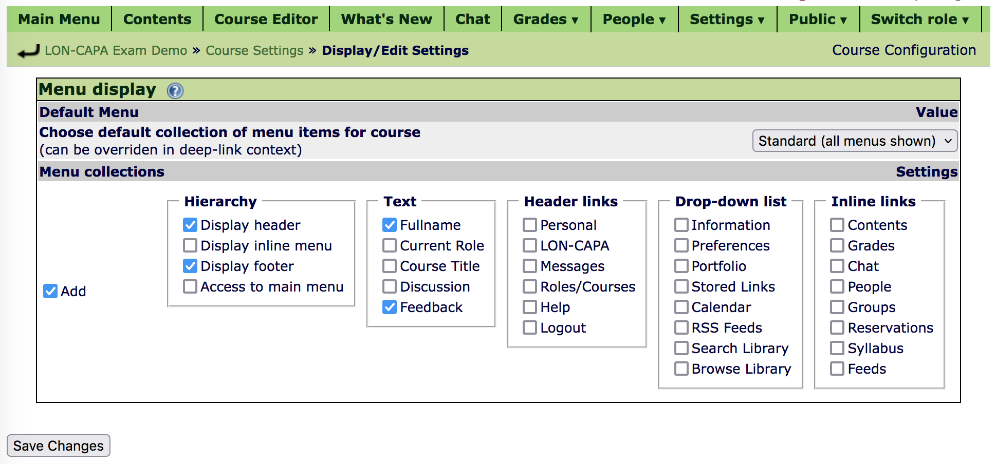 Course Settings Menu Display Screenshot